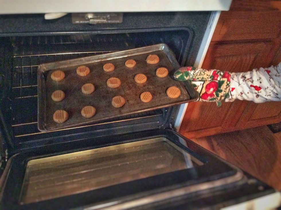 Once your oven is pre-heated and you have finished pressing the fork on your cookies, you should put them in the oven for 10 minutes.