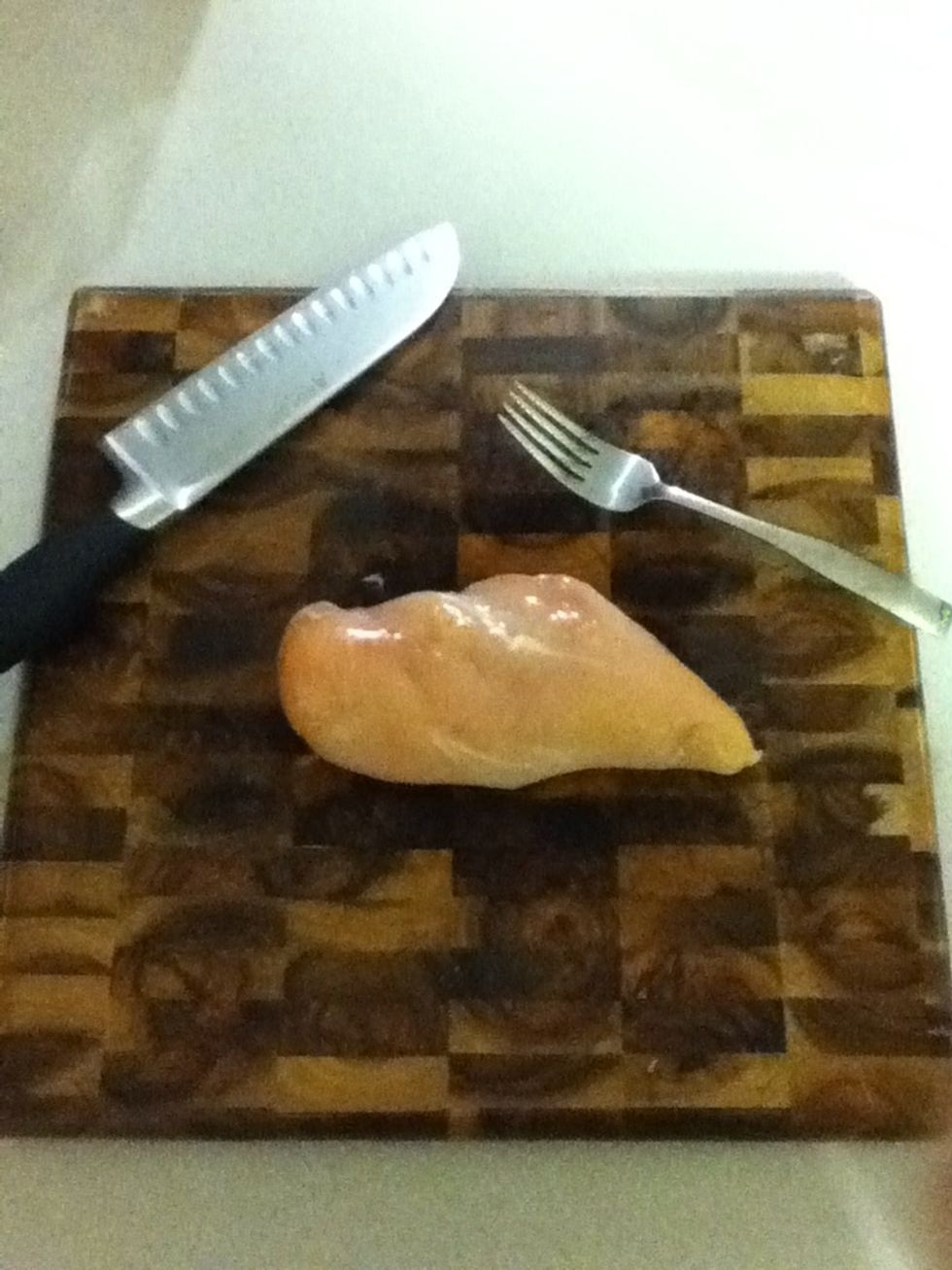 One chicken tit is required. You can get by with half. Call it an A cup chicken tit? Chop into ribbons. I precooked it tonight, so don't get freaked out later when it magically appears on the board.