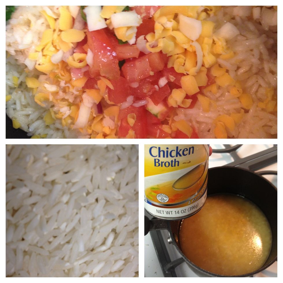 one cup of rice, one cup of chicken broth - cook on medium low until rice absorbs the water (don't forget to stir occasionally.) when rice is cooked, add tomatoes, some cheese, and spices.