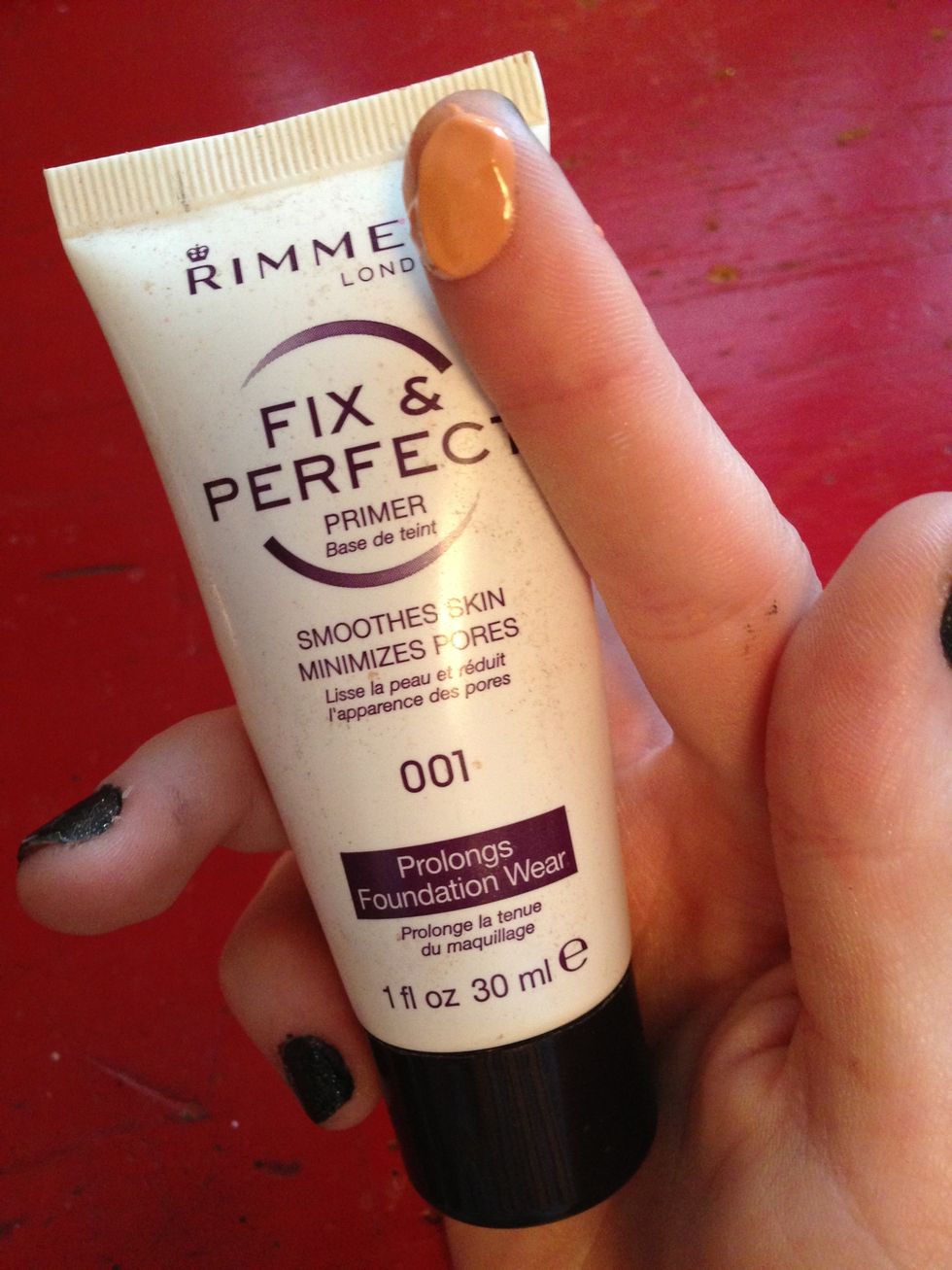 One of my favorite primers is Rimmel's Fix & Perfect, though it does have an orange tint to it. Apply a thin layer all over your face.