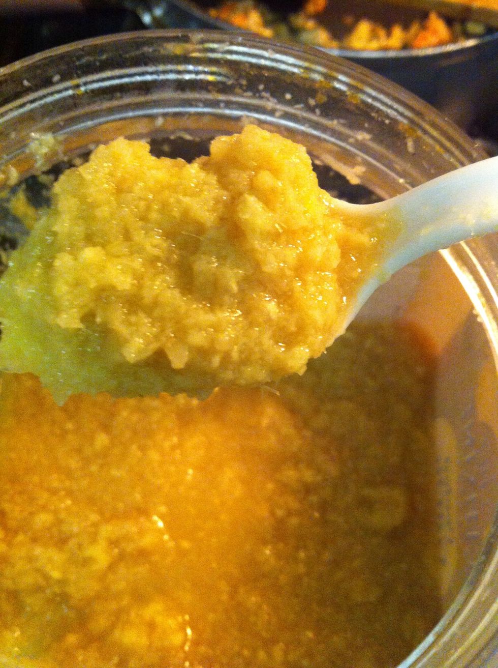 One spoon ginger garlic paste, I make that at home as the store brought spells pungent. Add it to the onions and fry slightly untill the smell goes.