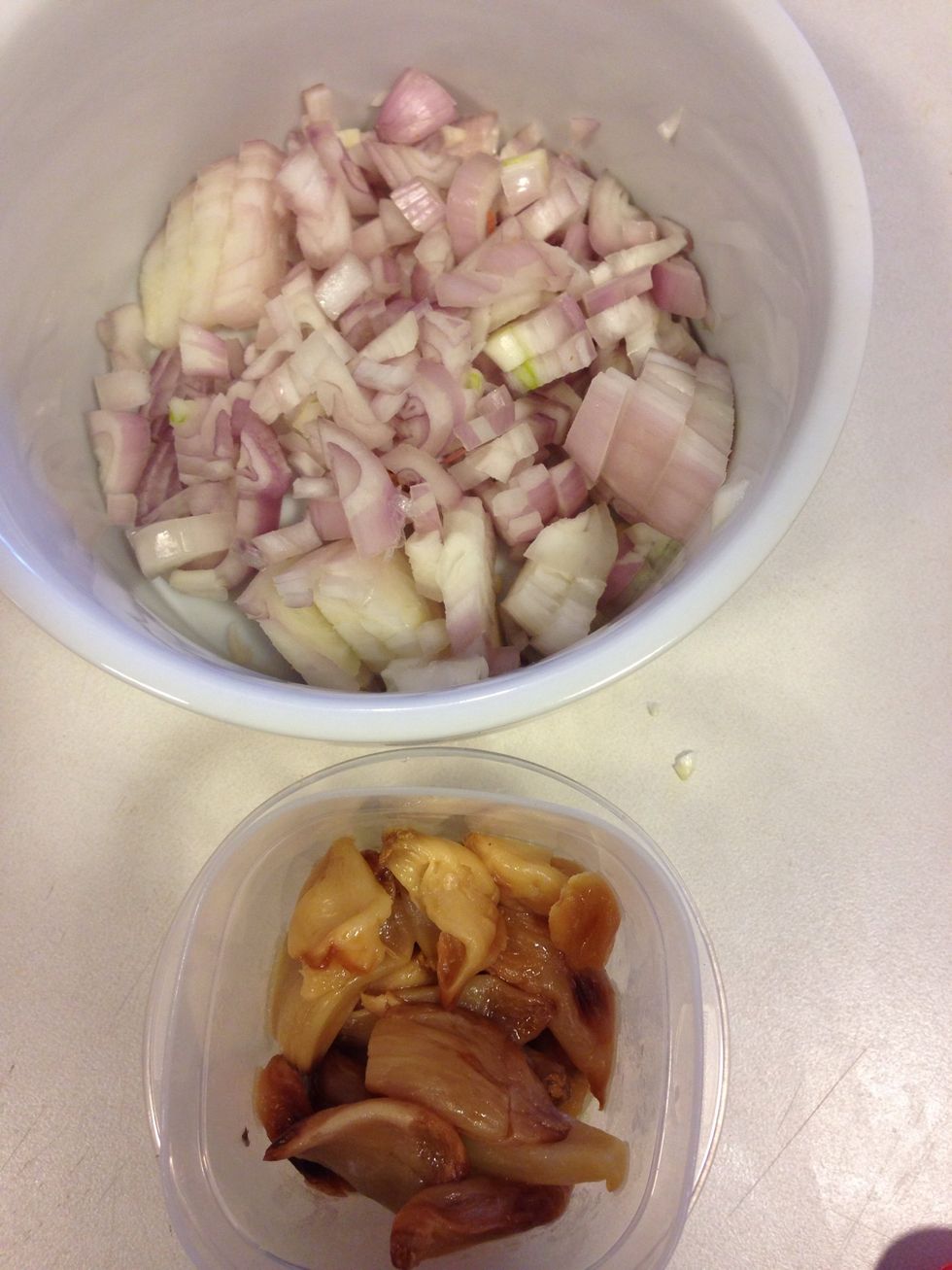 Onion and garlic!!! I actually used shallot here and off camera half a red onion, you can use any onion you like! Also these are roasted garlic I made the other night, check out the guide!