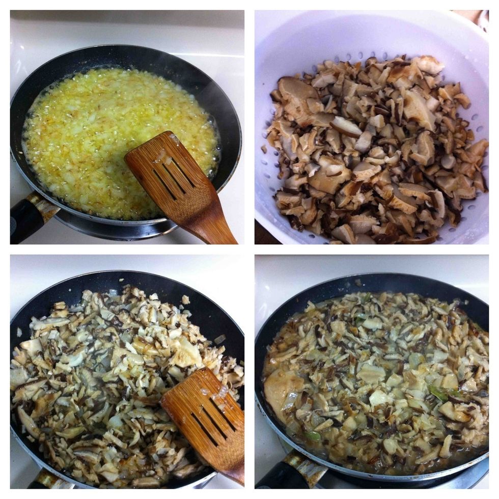 Onion FRY. wash mushrooms and boil separately 10 minutes. drain and add the mushrooms in the onions. Add 1cup water,salt, black pepper, bay leaf and fry15 -20 min