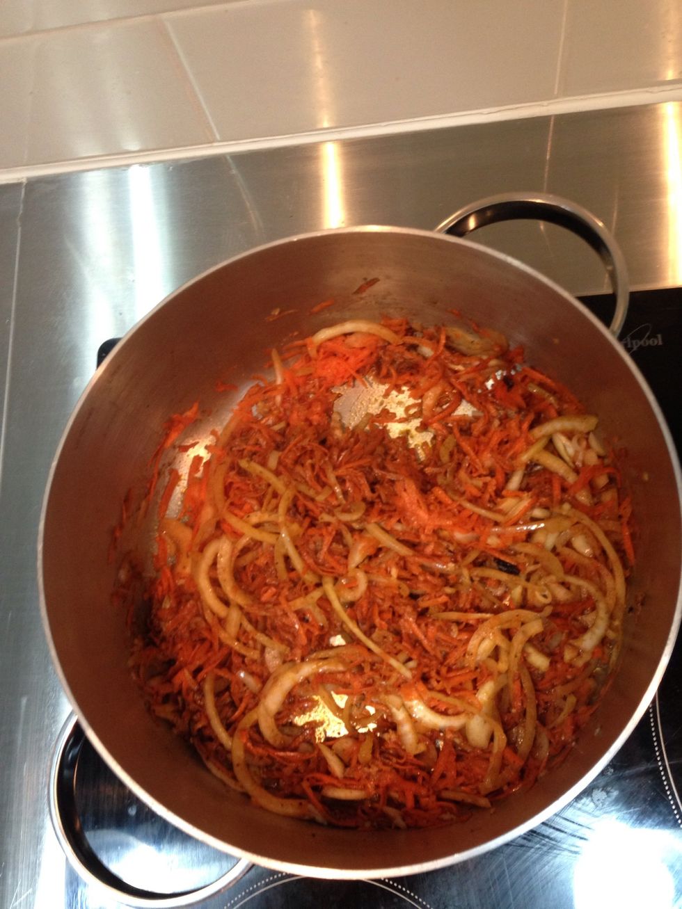 Onion , garlic, carrot brown on oil together around 5-10 min