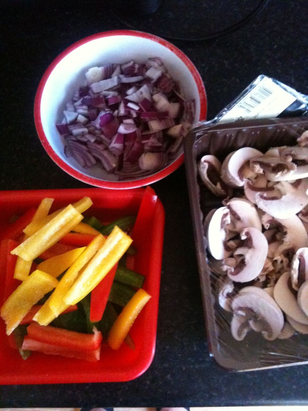 Onions mushrooms and peppers all chopped ready