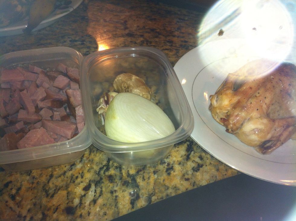 onios, garlic, celery some ham and the chicken will be cut in midium sice pieces