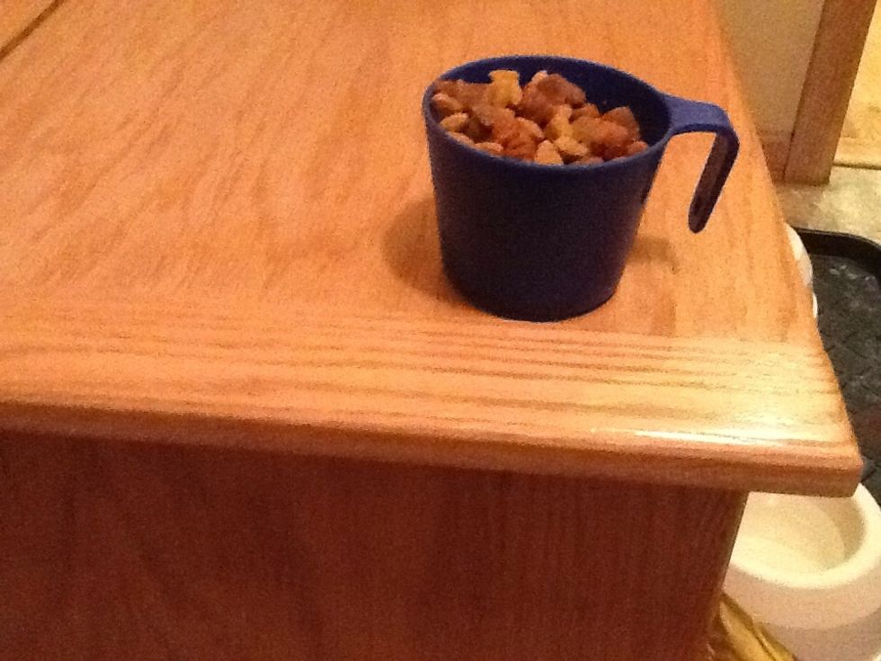 Only use one cup of food for one dog and just fill the other dish up with water.