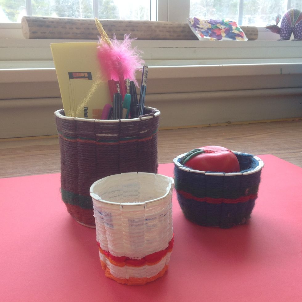 'Oops Baskets' can come in various shapes and sizes and are made from plastic containers and any materials you can weave with.