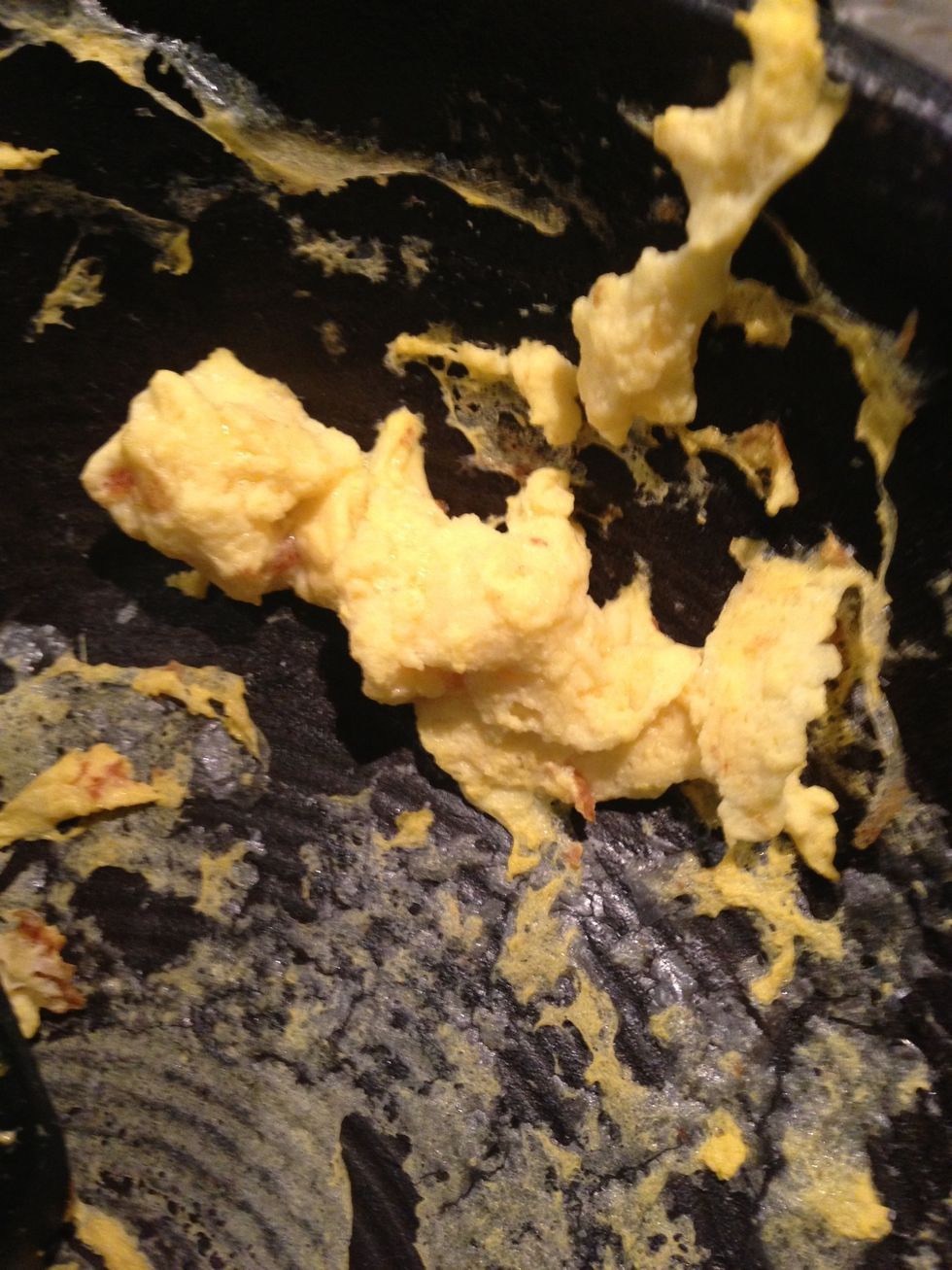 Oops forgot to take pic of my nice moist scrambled eggs. I cook a lil wet since baking them too. Not too wet.