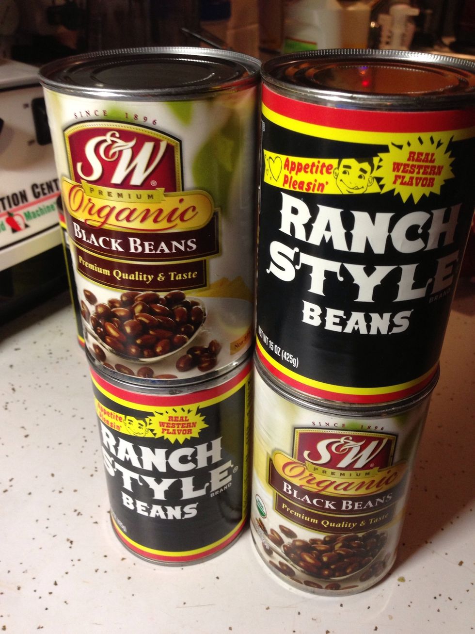 Open 2 cans of black beans and 2 cans of ranch style beans