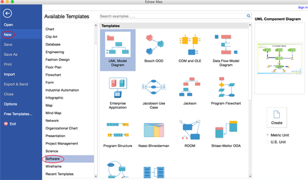 Open a blank drawing page and the libraries including shapes needed for creating UML Diagrams. On the File menu, point to New.-> Click Software, and then double click the icon of UML Model Diagram.
