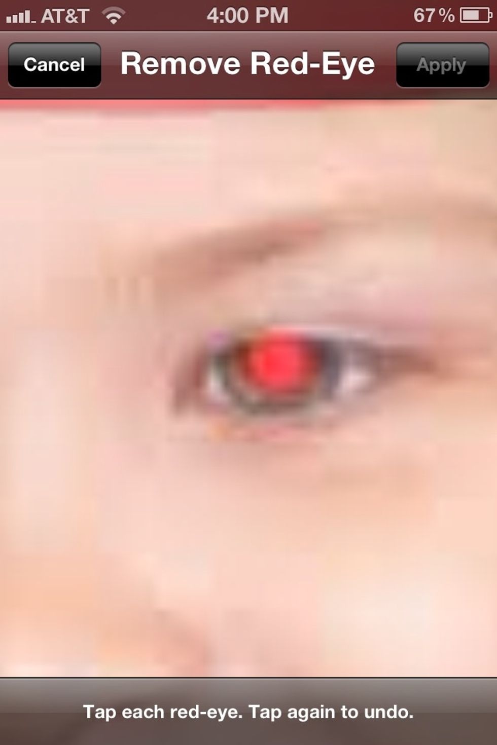 Open an image that has red eye. Open the red eye tool and zoom into the eye.