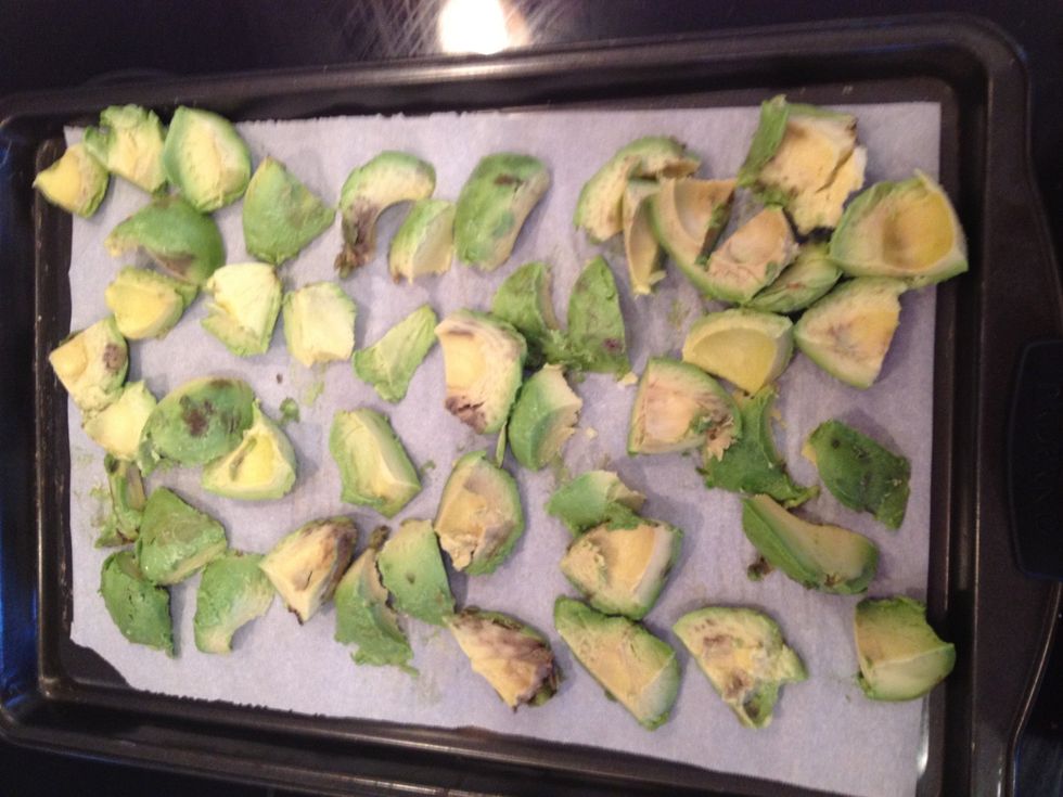 Open avocados and cut into pieces, place on baking sheet with parchment paper ( if you like) and stuck in the freezer.
