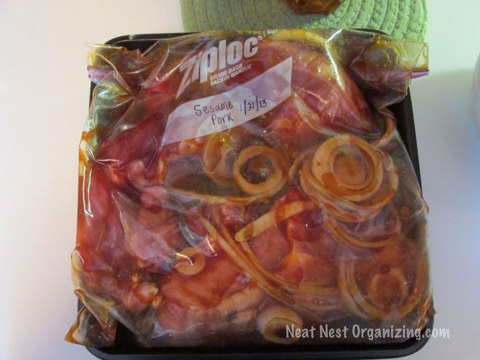 Open bag & squeeze out excess air; re-seal. Fit it inside a 9x9 pan and freeze until solid. Pop it out of the pan & stack the bag in the freezer until ready to use.