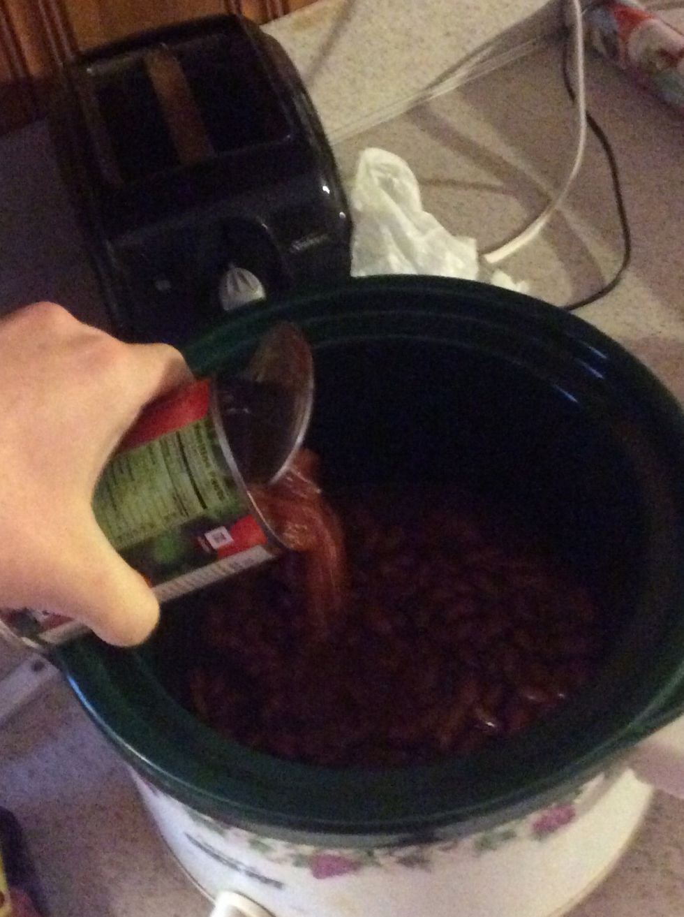 Open cans of kidney beans and diced tomatoes and pour into crockpot
