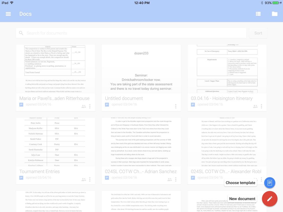 Open Docs app and click the plus on the bottom right. Then click Choose Template.