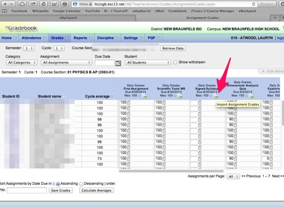 Open grade book, select the assignment, and click the "import" button (white paper with a green arrow).