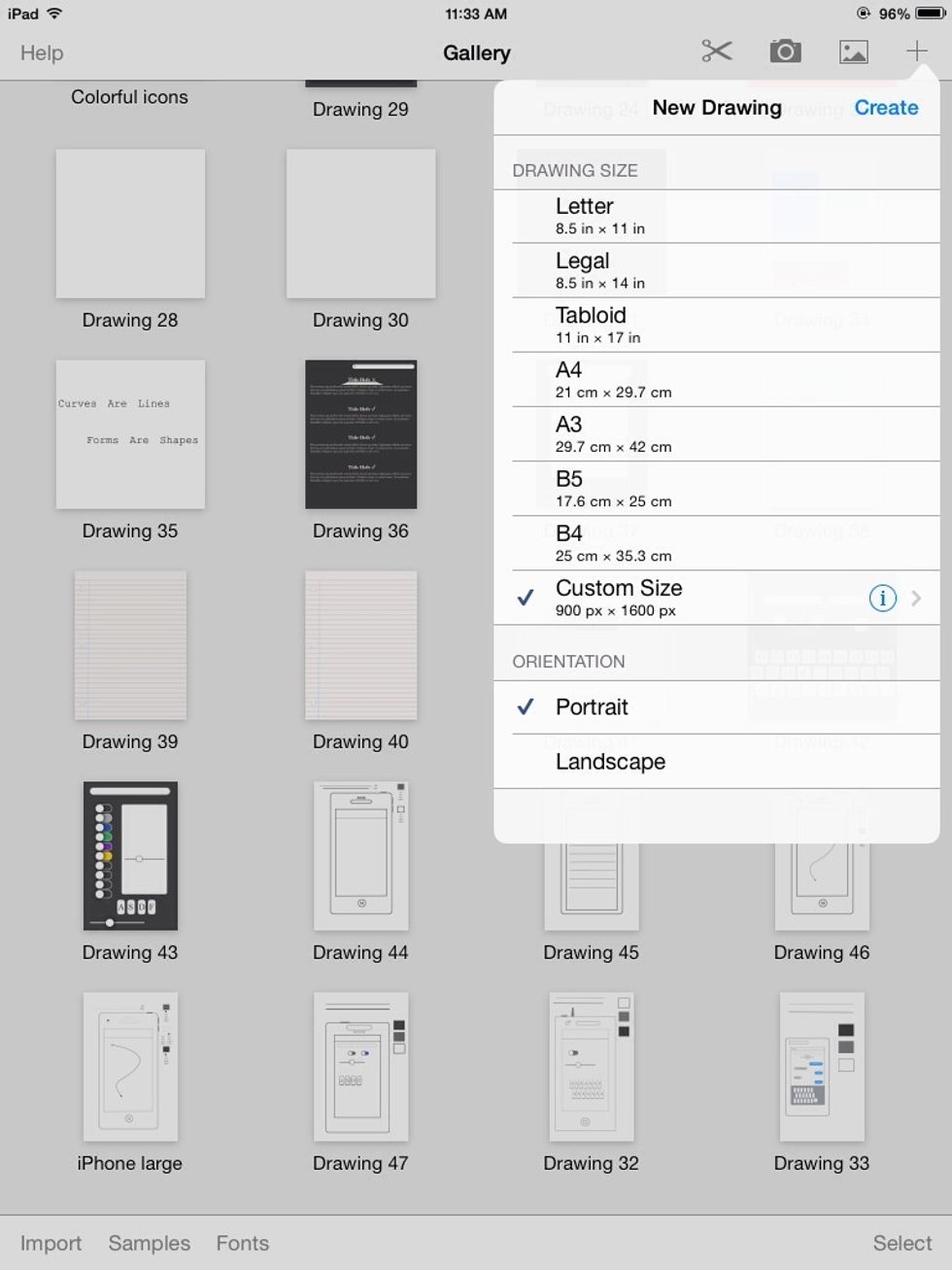 Open Inkpad and Tap the plus to create a new drawing. Set the dimensions to (900 x 1600). Set the orientation to Portrait.