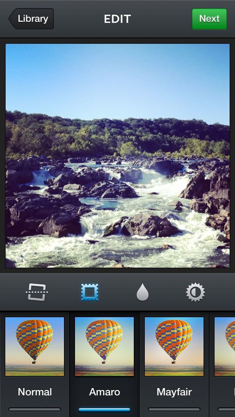 Open Instagram. Select a photo. Make it a picture that YOU like, something that interests YOU. Add a filter. Touch the NEXT button