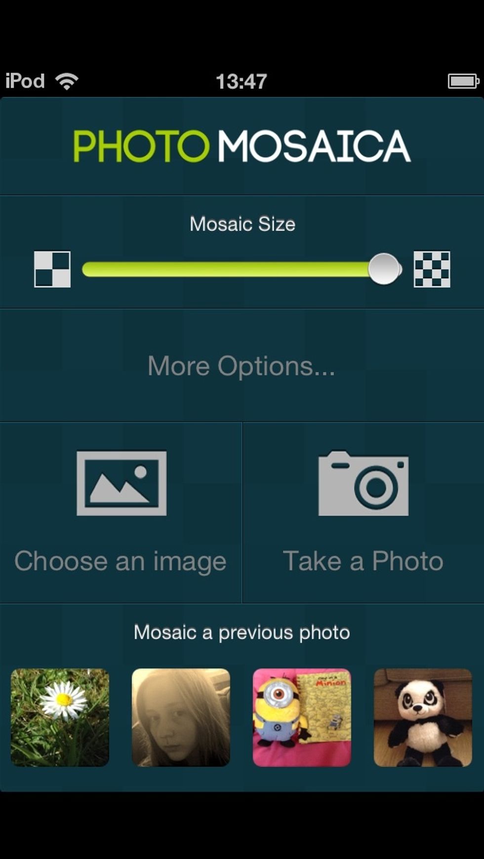 Open it. The top part shows how many photos will be used to create your mosaic, the higher the better quality! Click either choose an image or take a photo