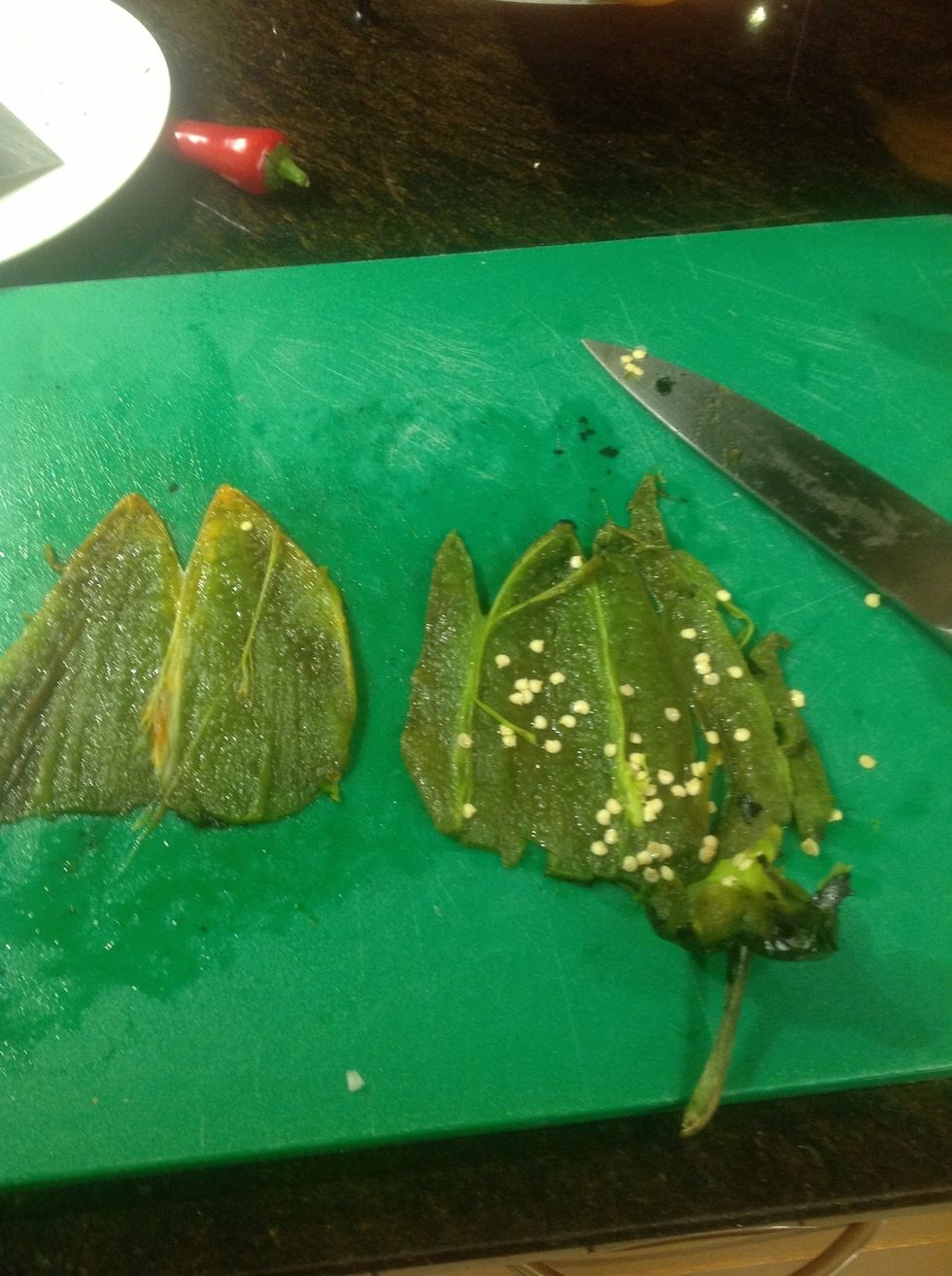 open peeled chilies core a deseed cut into strips and 1/2" long pieces and add to casserole with shallot, pork, tomatoes plus 1 can water.