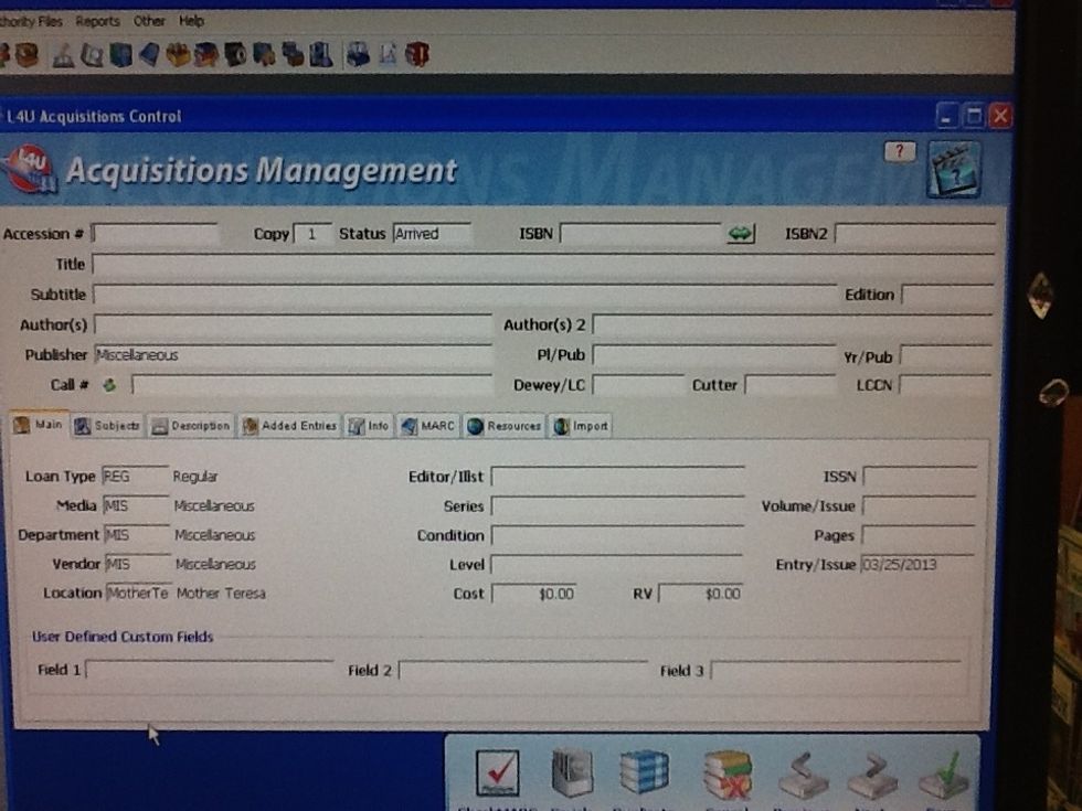 Open program to acquisitions. Cursor on accession number.