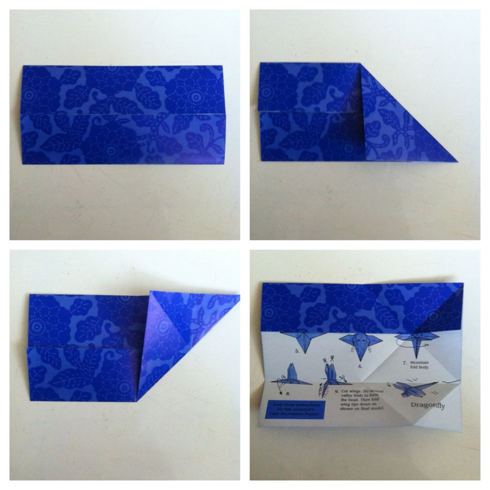 Open so that open edges are in center (pic1). Fold top right corner down (pic2). Unfold. Fold bottom right corner up (pic3). Unfold. Open bottom flap (pic4).