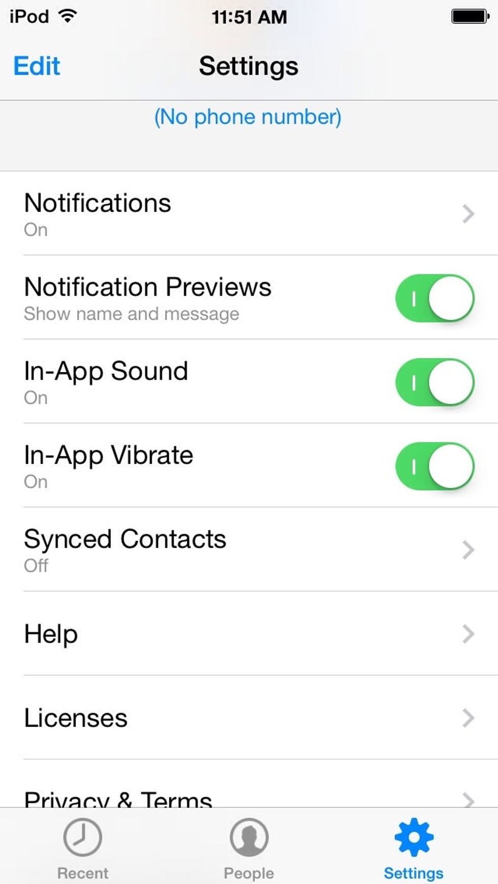 Open the app and go to SETTINGS. Tap SYNCED CONTACTS.