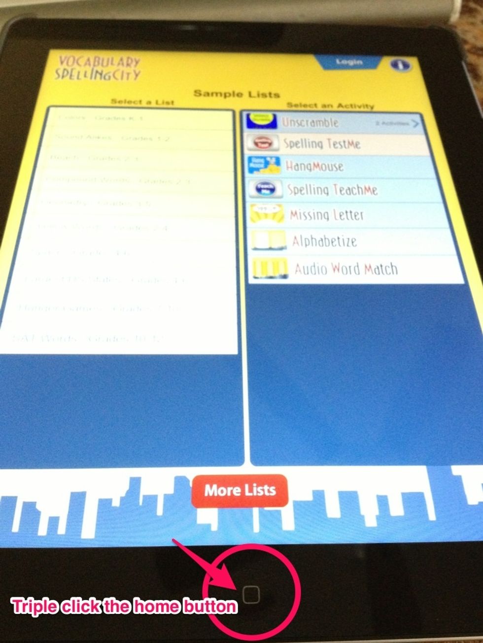 Open the app that you want the kids to work in. I've opened the app, Vocabulary Spelling City. Once your app is open, triple click the Home button.