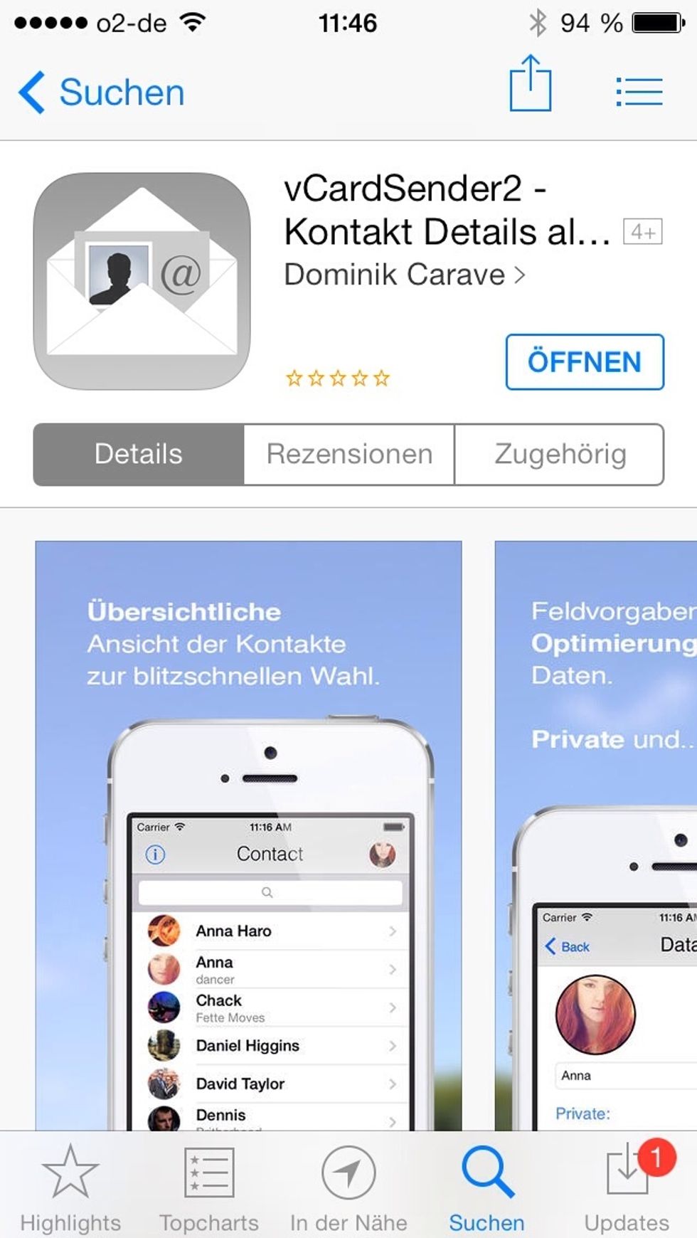 Open the AppStore App and search for "vcardsender2".