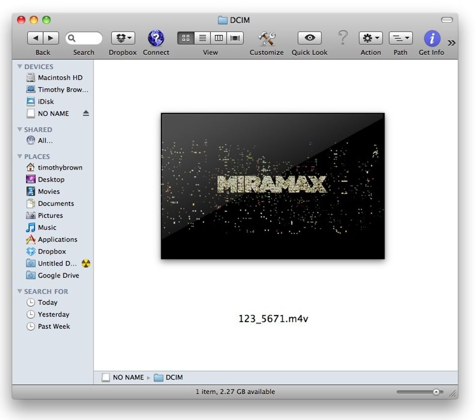 Open the folder labeled DCIM and drag your video file inside the folder. The file must have 8 digits. Example: 123_4567. In this case, the underscore is counted as a digit.