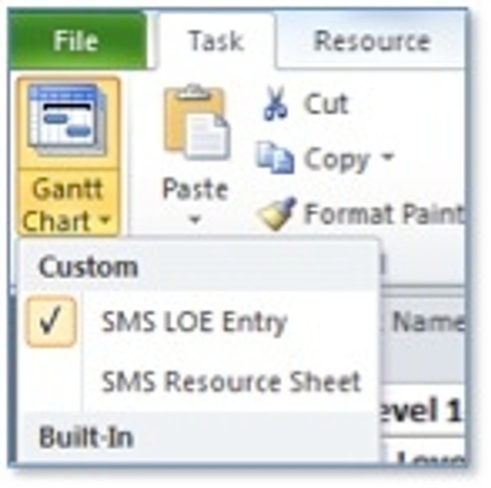 Open the LOE SAMPLE V6.mpp Microsoft Project file. Project will default to the SMS LOE Entry view, if not select this view by choosing the Task tab >Gantt Chart drop down > \u2018SMS LOE Entry\u2019 view