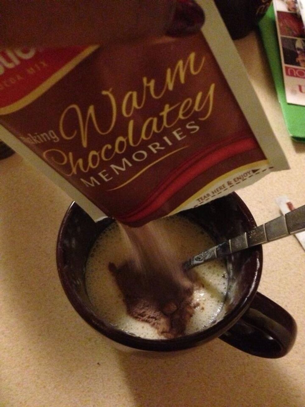 Open the package, pour it into the mug, and stir the liquefied ice cream with the hot cocoa mix