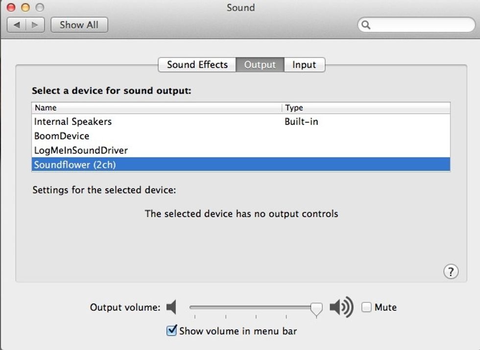 Open the sound control panel and and select Soundflower as your output device