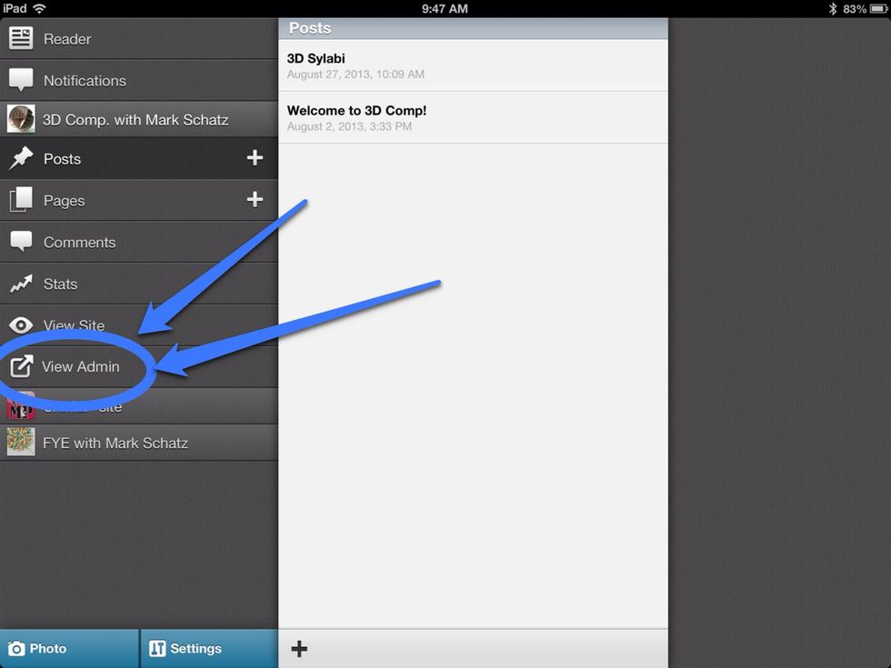 Open the WordPress app and select "View Admin". If this is the first time you've used it, you'll have to connect it to your blog in "settings" first.