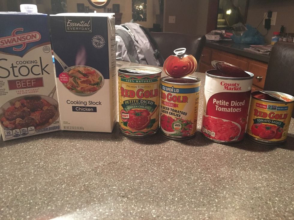 Open up chicken broth, beef broth, diced tomatoes and tomato sauce.