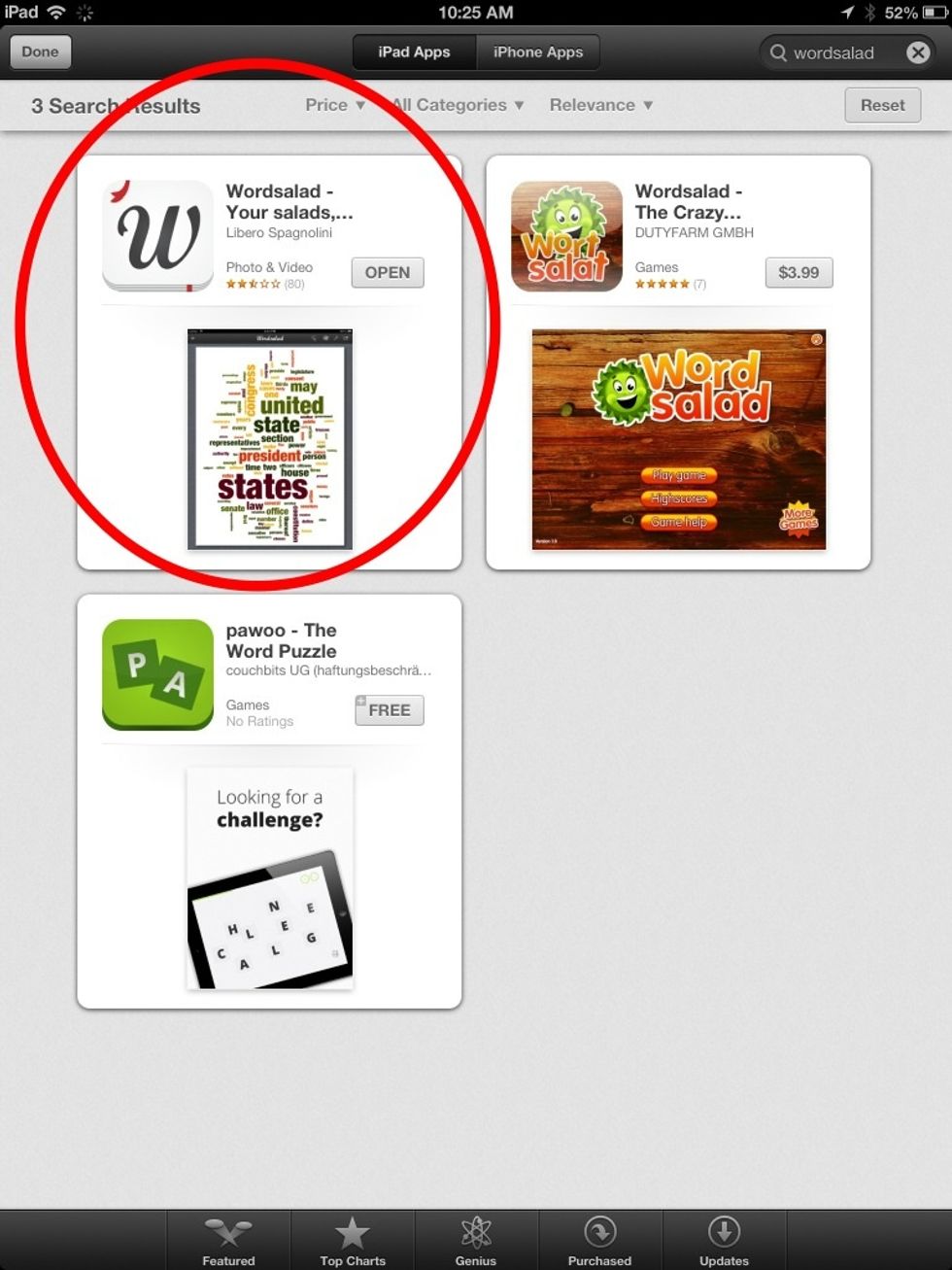 Open up the App Store on your iPad. Search for "Wordsalad" to locate the app. Download the free app.