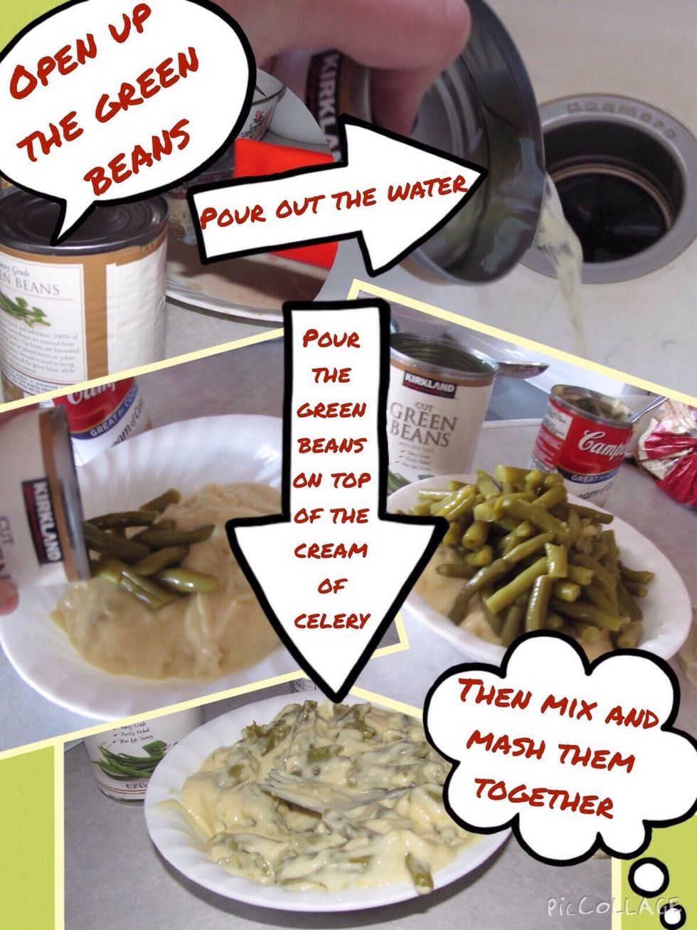 Open up the can of green beans. Pour out the water from the can, then pour the green beans on top of the cream of celery. Them mix and mash them together.