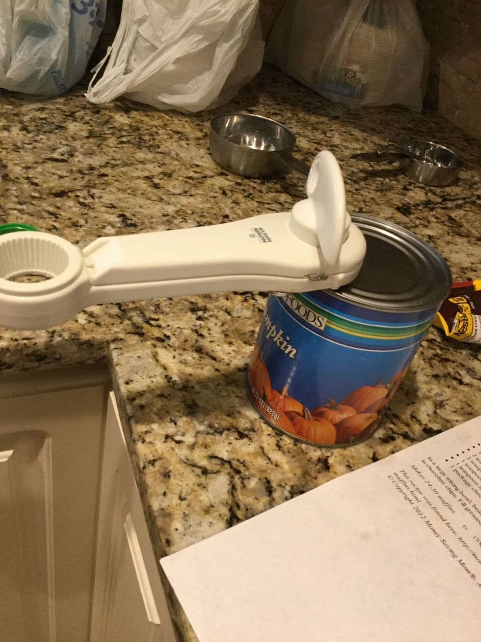 Open up your can of pumpkin. (Mine is 2x as large, because I will make another batch later. I will only be using half a can, which is equivalent to a normal sized can.)