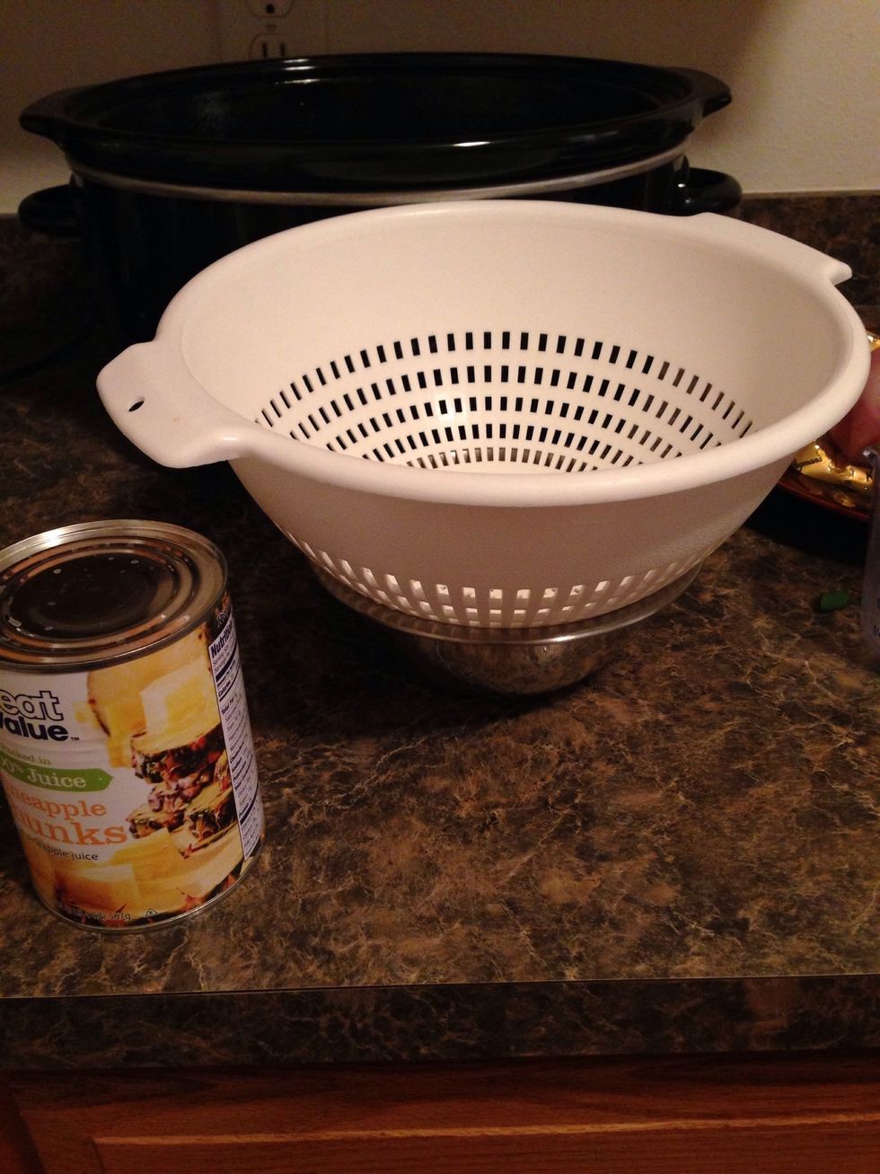 Open your can of pineapple chunks and drain over a bowl reserving the juice.