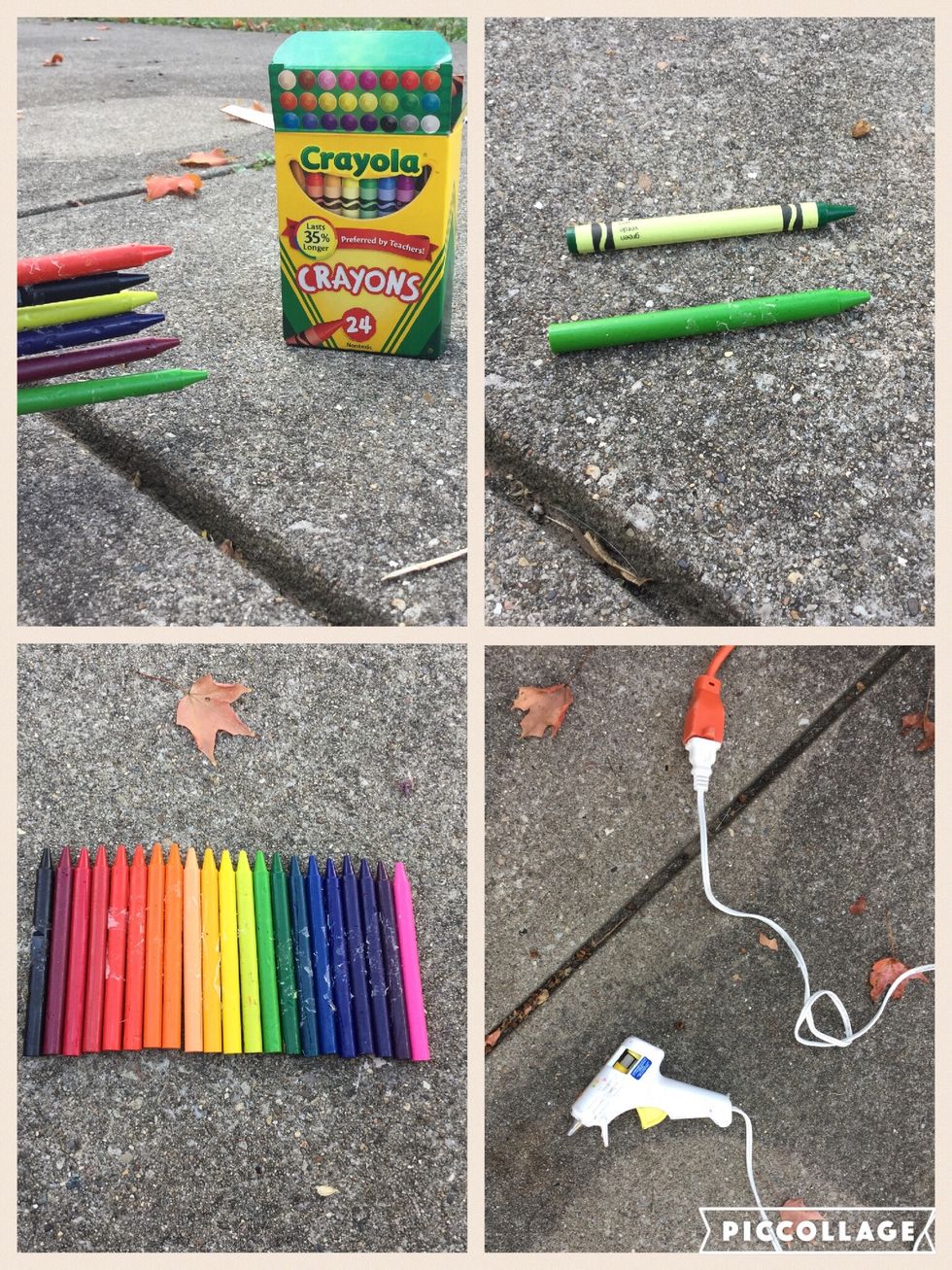 Open your crayon box and remove the paper from all the crayons. Plug in your hot glue gun at this time to let it heat up while you remove the paper from the crayons.