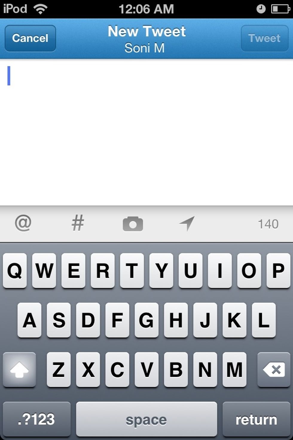 Open your twitter app, hit the "write tweet" button on the top right corner. The write tweet screen should pop up like this.