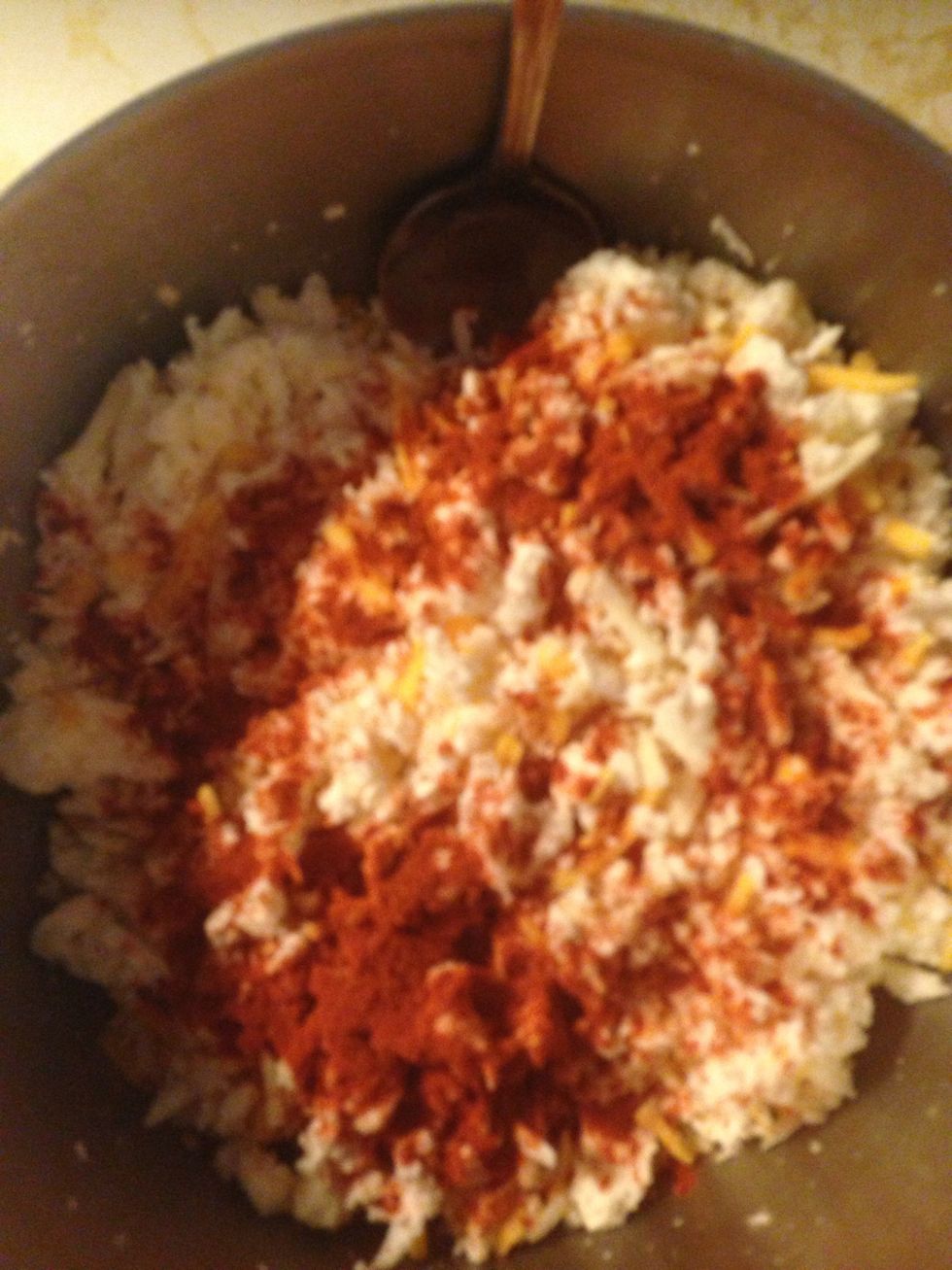 Optional - add cayenne pepper powder and/or ground pepper to the cheese and mix - this is for those of you who like it spicy :D