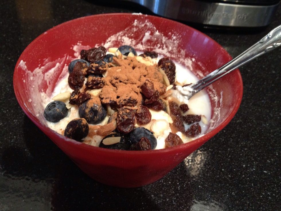 Optional: Add in whatever you like in pancakes! I used blueberries, almonds, raisins, some vanilla extract, and cinnamon. (you can also add chocolate, other nuts...etc...)