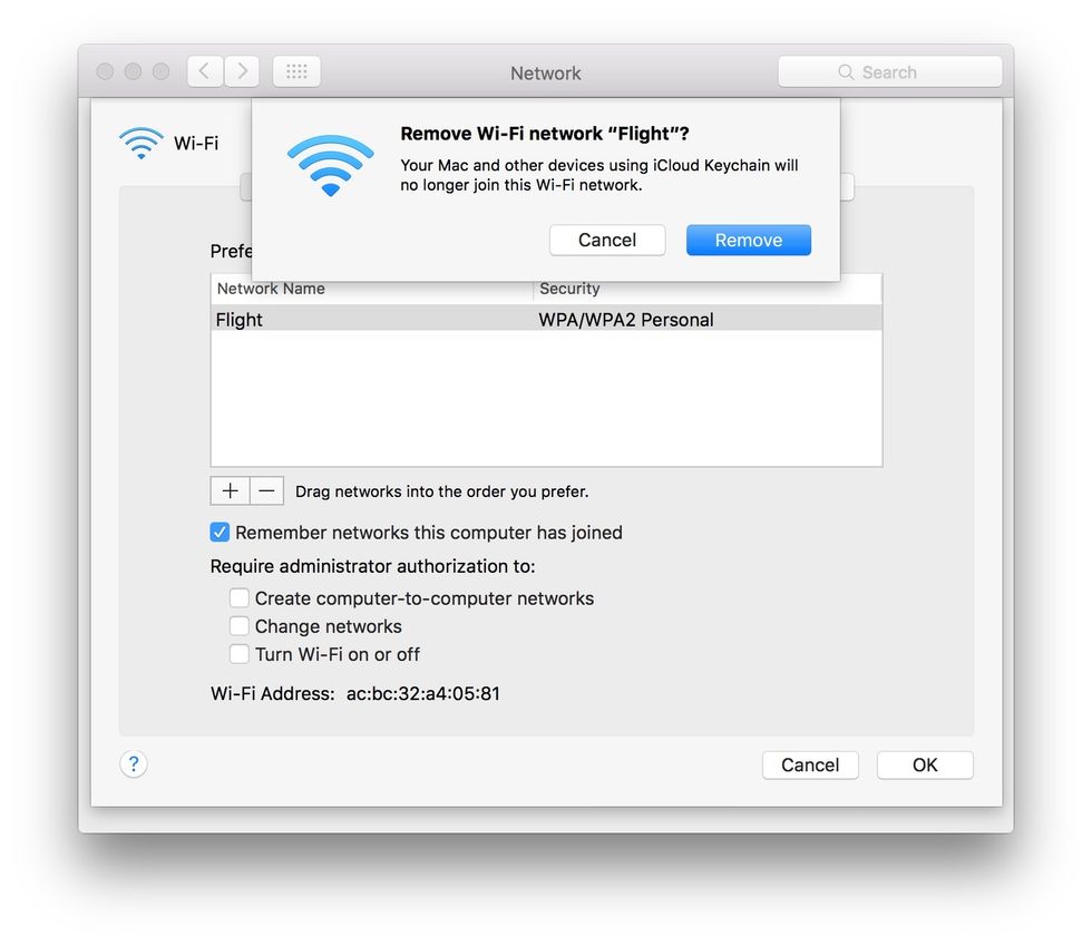 OPTIONAL: Click the "-" button below the network list, then click Remove to delete it.