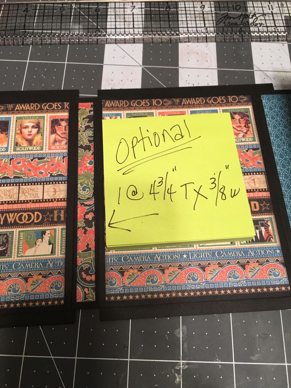 Optional: Cut ANY scrap of patterned paper to 3/8" wide x 4 3/4" tall. Ink the edges and glue into the spine area inside your album.