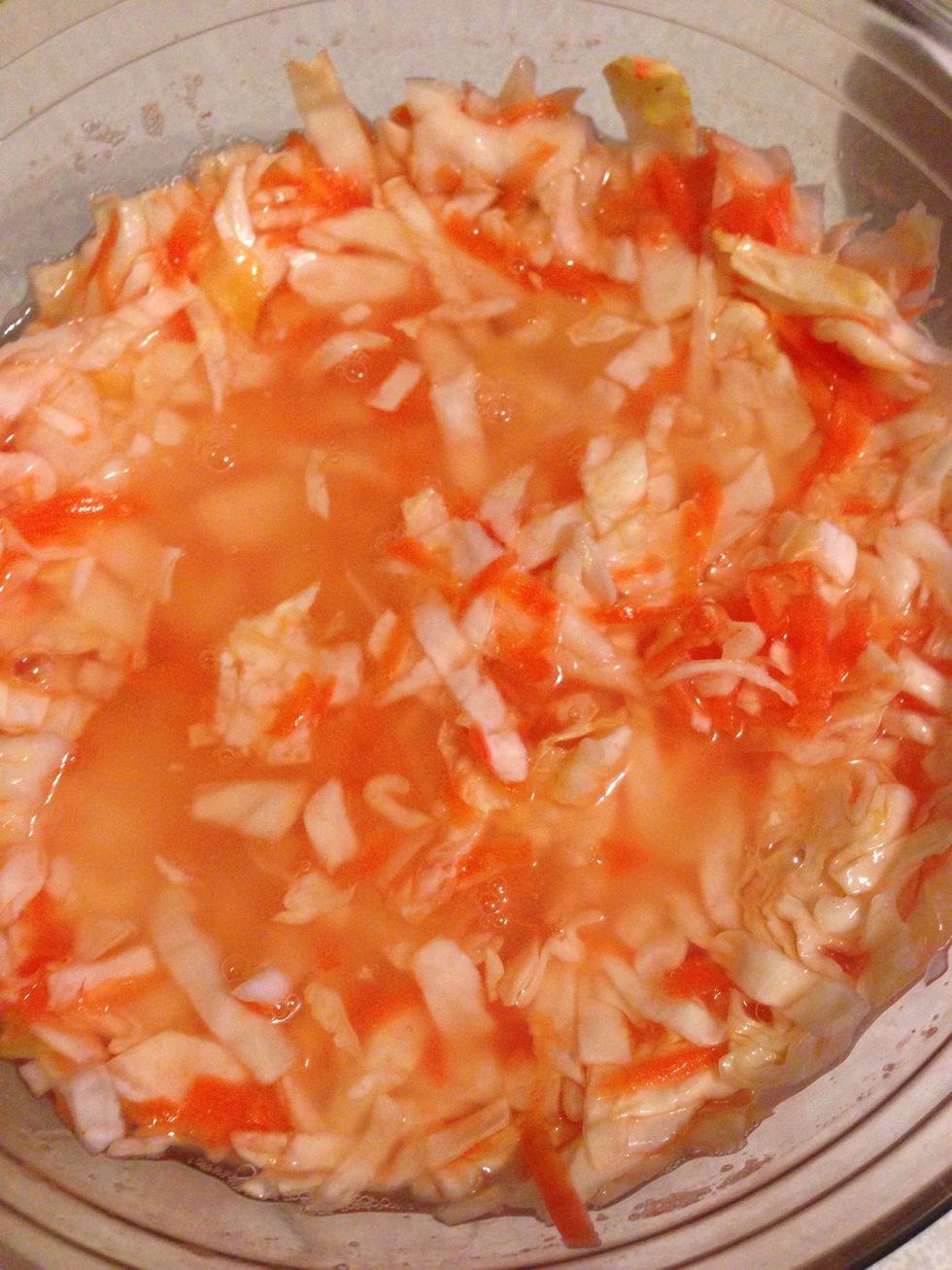 Optional: each day take the press off, thrust in a knife or a spoon handle in the cabbage mix to let the air in