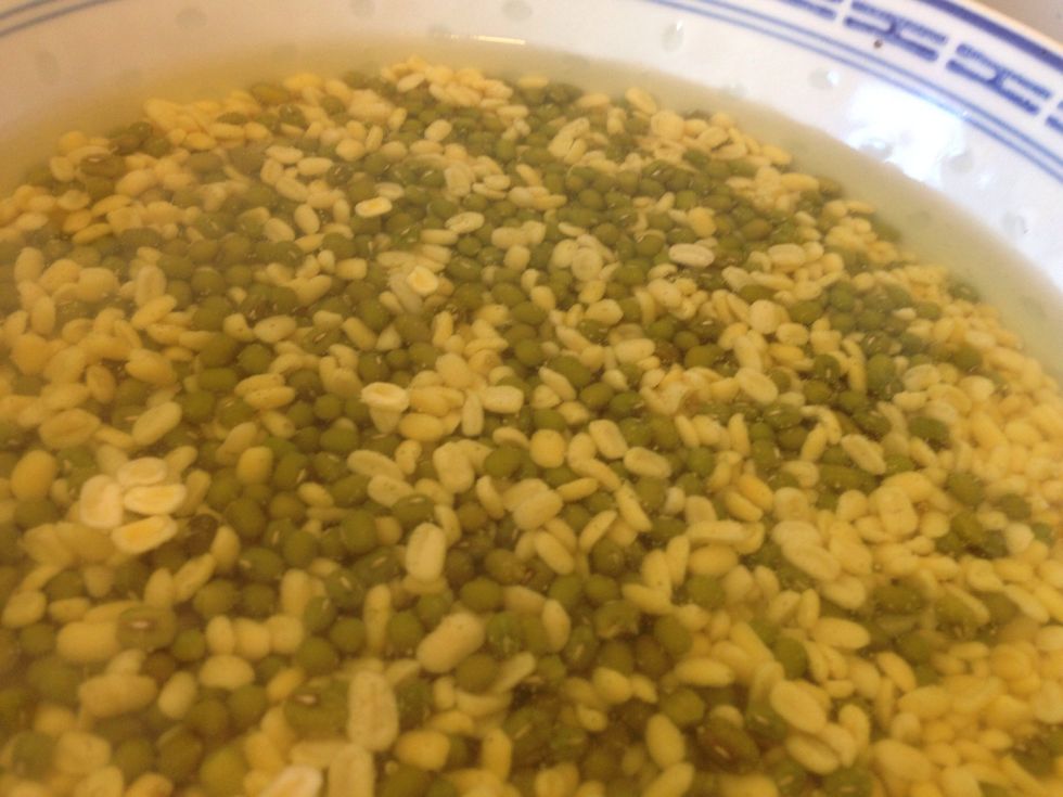 (Optional) Presoak mung beans overnight to start the sprouting process and make them more nutritious. I use a combination of mostly green mung beans with yellow mung beans.