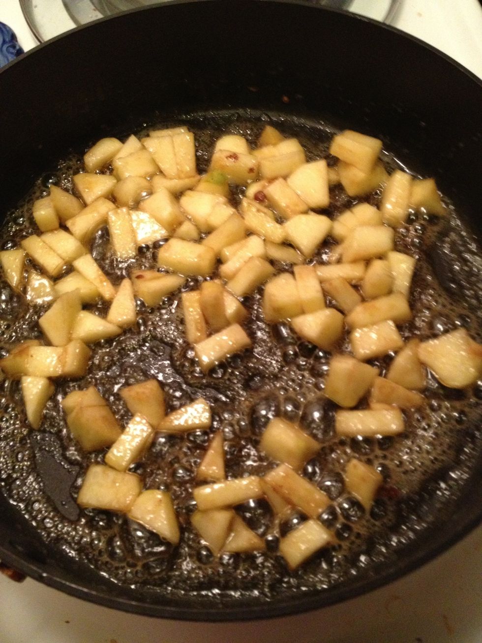 Optional Saut\u00e9ed apples. For one serving: Peel and dice one apple. Add to a pan with 1 tablespoon melted butter and 1 tablespoon of brown sugar. Saut\u00e9 until tender. Pour over two pancakes.