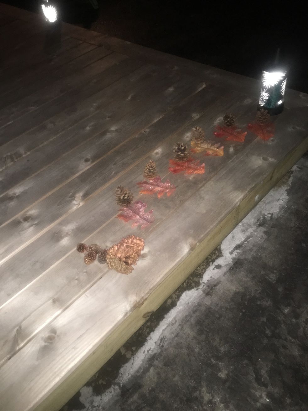 Optional: spray paint leaves and pine cones (best with glitter)